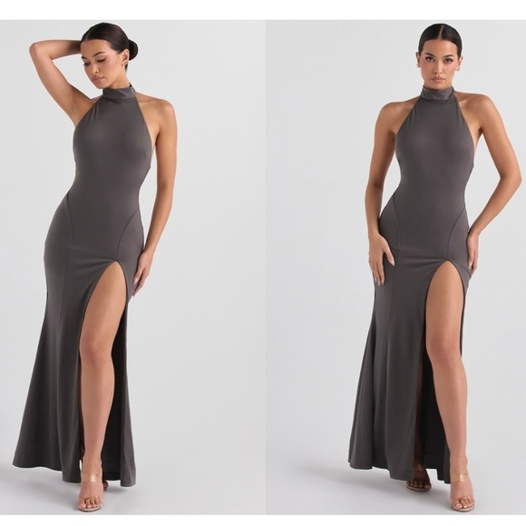 House Of CB Juliette Shadow‎ Halter Gown gray Maxi gown NWOT size Large